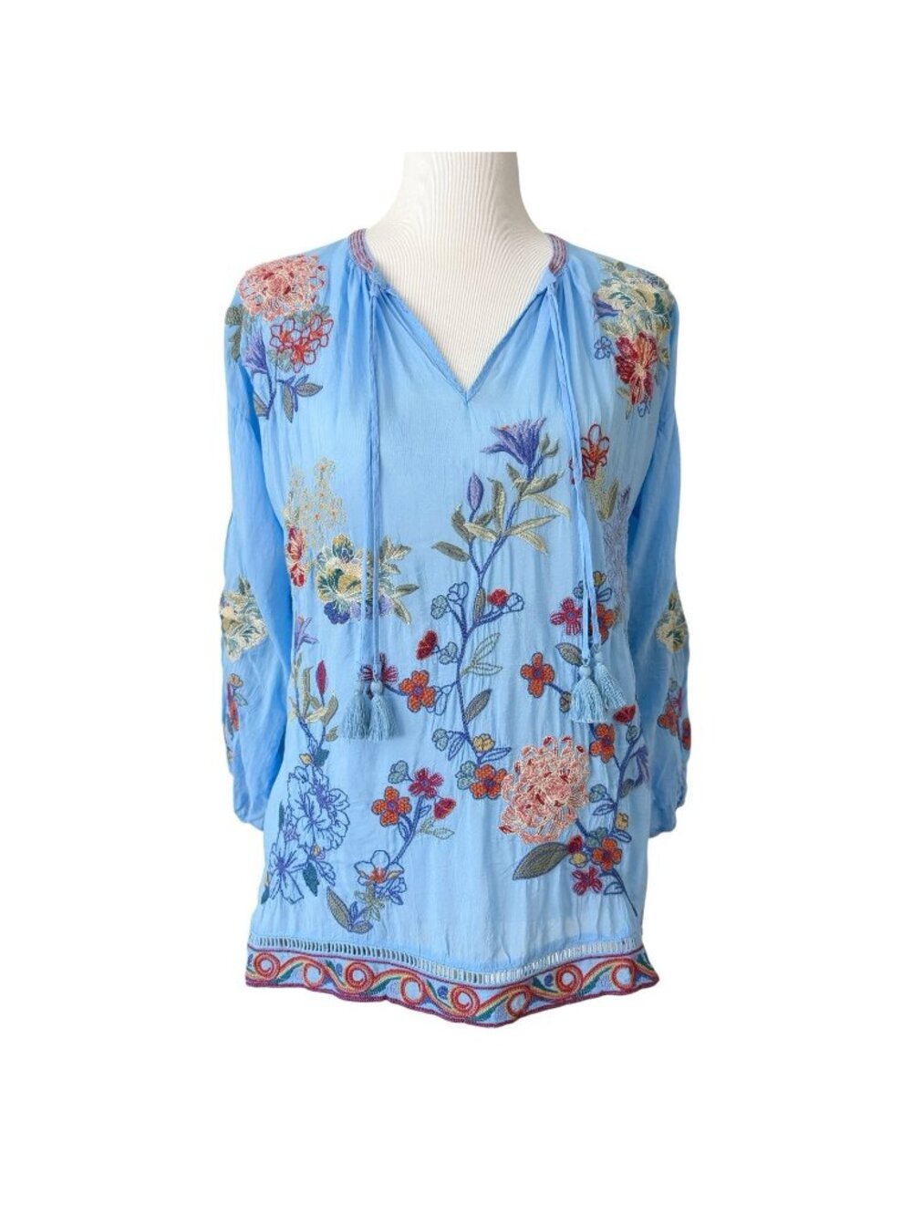 Johnny Was Zadonia Blouse Size XS Blue Floral Embroidered Boho Peasant Top